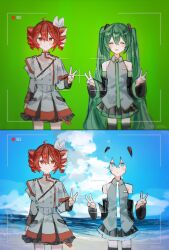  2girls :d :| ^_^ absurdres ahoge aqua_hair artist_name beach black_skirt black_sleeves blue_sky blush bow buttons closed_eyes closed_mouth clouds commentary cowboy_shot detached_sleeves double-breasted double_v drill_hair english_commentary green_background grey_jacket grey_shirt grey_skirt hair_bow hair_ribbon hands_up hatsune_miku highres jacket jitome kasane_teto kasane_teto_(sv) long_hair looking_at_viewer multiple_girls musical_staff musical_staff_print ocean pleated_skirt recording red_eyes red_hair red_trim ribbon shirt simple_background sketch skirt sky sleeveless sleeveless_shirt smile standing straight-on synthesizer_v twin_drills twintails twitter_username usagifuku v very_long_hair viewfinder vocaloid white_bow white_ribbon 