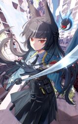  1girl animal_ear_fluff animal_ears aqua_jacket arm_out_of_sleeve black_gloves black_hair black_necktie black_shoes black_skirt closed_mouth commentary_request fox_ears fox_girl gauntlets gloves high-waist_skirt highres holding holding_sword holding_weapon hoshimi_miyabi jacket katana long_hair looking_at_viewer mitsukayurie necktie outdoors red_eyes shirt shoes single_gauntlet skirt sword tailless_(zenless_zone_zero) weapon white_shirt zenless_zone_zero 