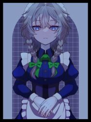  1girl apron black_border blue_dress blue_eyes border bow bowtie braid breasts closed_mouth collared_dress commentary_request dress frilled_apron frills frown green_bow green_bowtie grey_hair hair_between_eyes hair_bow highres izayoi_sakuya juliet_sleeves long_hair long_sleeves looking_at_viewer maid maid_headdress medium_breasts puffy_sleeves solo touhou twin_braids waist_apron white_apron xiel_810929 