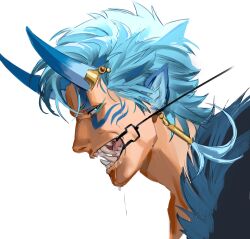  1boy absurdres alternate_tattoo bleach blue_eyes blue_hair darkinbow drooling earrings eyeliner facial_tattoo from_side green_eyeliner grimmjow_jaegerjaquez highres horns jewelry looking_at_viewer makeup male_focus open_mouth short_hair simple_background solo tattoo teeth white_background 