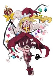  1girl alternate_costume alternate_headwear blonde_hair blush boots bow bowtie card clown commentary_request crystal crystal_wings diamond_(shape) flandre_scarlet footwear_bow full_body gloves hat heart highres holding jester_cap kararage_tsune laevatein_(touhou) leg_up long_sleeves looking_at_viewer multicolored_thighhighs multicolored_wings one_side_up open_mouth playing_card pointy_boots pointy_ears red_boots red_bow red_eyes red_hat red_shorts red_thighhighs shorts simple_background smile striped_clothes striped_thighhighs thigh-highs touhou two-tone_hat two-tone_thighhighs white_background white_gloves white_hat white_thighhighs wings yellow_bow yellow_bowtie 