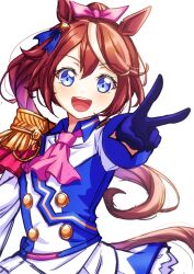  1girl absurdres animal_ears ascot blue_eyes blue_gloves blush brown_hair buttons cape commentary_request double-breasted ear_ribbon epaulettes gloves hair_between_eyes highres horse_ears horse_girl horse_tail jacket long_hair long_sleeves looking_at_viewer multicolored_hair multicolored_jacket open_mouth pink_ascot pochimaru_(marumaru_wanwan) ponytail red_cape simple_background single_epaulette single_hair_streak skirt smile solo streaked_hair tail teeth tokai_teio_(peak_joy)_(umamusume) tokai_teio_(umamusume) two-tone_hair two-tone_jacket two-tone_skirt umamusume upper_teeth_only white_background white_hair white_jacket white_skirt white_streaks 