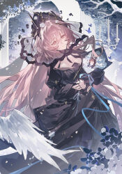  1girl absurdres arknights black_dress blue_ribbon bouquet candlestand chinese_commentary commentary_request demon_horns dress feathered_wings flower hair_ornament highres holding holding_bouquet horns jewelry long_hair long_sleeves lushi_jin_up multiple_rings official_alternate_costume pink_eyes pink_hair ribbon ring ring_on_every_finger see-through_clothes see-through_veil smile solo theresa_(arknights) theresa_(condolence)_(arknights) tree veil very_long_hair wings 