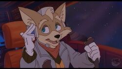  1990s_(style) 1boy animal_ears animal_nose blue_eyes body_fur brown_fur chair cockpit fake_screenshot faux_retro_artstyle flight_stick fox_boy fox_ears fox_mccloud furry furry_male gloves grey_jacket hand_on_headwear hand_on_own_head headset jacket male_focus on_chair open_mouth pilot_chair piloting red_scarf retro_artstyle scarf sitting solo space spacecraft_interior star_(sky) star_fox star_fox_(1993) two-tone_fur upper_body vehicle_interior white_gloves yinyanggio14 