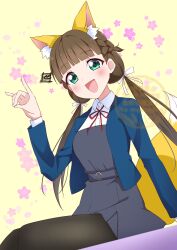  1girl animal_ear_fluff animal_ears black_pantyhose blue_jacket braid breasts brown_hair collared_shirt commentary_request dress feet_out_of_frame floral_background fox_ears fox_girl fox_shadow_puppet fox_tail green_eyes grey_dress hair_ribbon half_up_braid highres jacket kemonomimi_mode long_hair looking_at_viewer love_live! love_live!_superstar!! medium_breasts neck_ribbon open_clothes open_jacket pantyhose pleated_dress red_ribbon ribbon sakurakoji_kinako sakuramon school_uniform shirt short_dress sitting solo tail watermark white_ribbon white_shirt winter_uniform yellow_background yuigaoka_school_uniform zero-theme 
