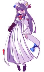  1girl blue_ribbon book bow commentary_request crescent crescent_hat_ornament dress floating full_body hair_bow hat hat_ornament highres holding holding_book korean_commentary light_blush long_hair lovelobten mob_cap patchouli_knowledge purple_hair purple_shoes red_ribbon ribbon shoes solo touhou violet_eyes white_background 