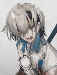  1boy absurdres black_hair blood blood_from_mouth blood_on_clothes blood_on_face blue_eyes earrings eyebrow_cut film_grain gachiakuta grey_background grey_hair grey_jacket hair_between_eyes head_tilt high_collar highres holding holding_staff jacket jewelry looking_at_viewer male_focus multicolored_hair open_mouth short_hair simple_background solo staff tassel tassel_earrings teeth two-tone_hair undercut upper_body zanka_nijiku zhizhangertong zipper zipper_pull_tab 