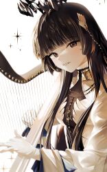  1girl absurdres ambience_synesthesia arknights black_hair black_halo blunt_bangs broken_halo commentary_request cowboycat55245 dark_halo gloves halo harp highres hime_cut instrument long_hair looking_at_viewer mole mole_under_eye sidelocks solo virtuosa_(arknights) white_gloves 