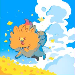  >_< :3 animal_focus blue_sky closed_eyes clouds commentary day english_commentary fangs full_body no_humans open_mouth outdoors pokemon pokemon_(creature) pokemon_focus pombon sky smile solo steamingowl tongue tongue_out 