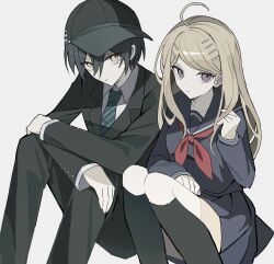  1boy 1girl 2o_oxo absurdres ahoge akamatsu_kaede black_hair black_socks blonde_hair buttons collared_jacket collared_shirt danganronpa_(series) danganronpa_v3:_killing_harmony expressionless eyelashes grey_background hair_between_eyes hair_ornament hat highres jacket kneehighs knees_up long_hair long_sleeves looking_at_viewer muted_color necktie pleated_skirt saihara_shuichi school_uniform shirt short_hair simple_background sitting skirt socks violet_eyes white_shirt yellow_eyes 