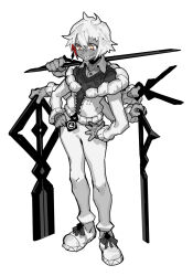  1girl collared_shirt colored_skin commentary_request extra_arms full_body hair_between_eyes hands_on_own_hips highres holding holding_scissors long_sleeves monster_girl multicolored_eyes multicolored_hair original over_shoulder red_eyes red_hair scissors shawn_ger_lin shirt simple_background solo teeth weapon weapon_over_shoulder white_hair yellow_eyes 