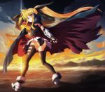  blonde_hair cape fate_testarossa gloves long_hair looking_back mahou_shoujo_lyrical_nanoha nekomamire red_eyes ribbon sky solo thighhighs twintails very_long_hair 