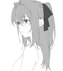  1girl blush commentary_request greyscale hair_intakes hair_ribbon highres kamiina_botan kamiina_botan_yoeru_sugata_wa_yuri_no_hana monochrome parted_lips pukunosu8 ribbon solo two_side_up upper_body 