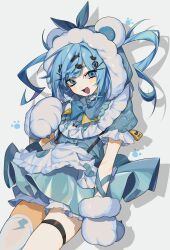  1girl :d absurdres animal_ear_hood animal_ears animal_hands apron aqua_dress arm_at_side bear_ears bloomers blue_eyes blue_hair borrowed_character bow bowtie commission cowboy_shot dress drop_shadow fang flat_chest fur-trimmed_hood fur_trim gloves hair_through_hood hamita_(rikopin_ika) hand_up happy highres hood hood_up indie_virtual_youtuber legs_together looking_at_viewer maid_apron open_mouth pale_skin paw_gloves puffy_short_sleeves puffy_sleeves second-party_source short_sleeves smile solo thigh-highs thigh_strap twintails white_background white_thighhighs wind wind_lift yushiro_pirika 