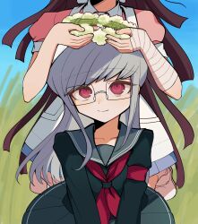  2girls absurdres apron bandaged_arm bandaged_hand bandages black_shirt blue_skirt closed_mouth collarbone collared_shirt commentary_request danganronpa_(series) danganronpa_2:_goodbye_despair eyelashes fingernails glasses grass grey_hair grey_sailor_collar grey_skirt head_out_of_frame head_wreath highres holding_head_wreath kneeling long_hair long_sleeves mi_shengwu_3.2_hao multiple_girls neckerchief outdoors pekoyama_peko puffy_short_sleeves puffy_sleeves purple_shirt red_eyes red_neckerchief sailor_collar school_uniform serafuku shirt shoes short_sleeves sidelocks skirt smile solo_focus tsumiki_mikan white_apron white_shoes 