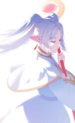  1girl closed_eyes closed_mouth commentary earrings elf frieren gewwyart highres holding holding_staff jewelry long_hair mage_staff pointy_ears simple_background sousou_no_frieren staff teardrop_earrings twintails untranslatable_commentary white_background white_hair 