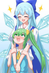  2girls absurdres aged_up alternate_hair_length_(longer) ascot blue_bow blue_dress blue_hair blue_skirt blue_vest blush bow cirno closed_eyes collared_shirt commentary_request daiyousei detached_wings dress fairy fairy_wings green_hair hair_bow height_difference highres hug hug_from_behind ice ice_wings multiple_girls one_side_up open_mouth pinafore_dress puffy_short_sleeves puffy_sleeves shirt short_sleeves skirt sleeveless sleeveless_dress smile tamahuku_0911 touhou vest white_shirt wings yellow_ascot yellow_bow 