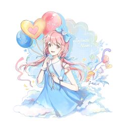  1girl absurdres ambird_(infinity_nikki) balloon bare_shoulders bird blue_bow blue_dress bow brown_eyes character_name chinese_commentary clouds collared_dress commentary_request confetti contrast_collar copyright_name cropped_legs dot_nose dress hair_between_eyes hair_bow hair_ornament happy heart heart_balloon heart_hair_ornament highres holding holding_balloon infinity_nikki ke31781815 long_hair low_twintails multiple_hair_bows nikki_(nikki) nikki_(series) open_mouth party_popper pink_hair pleated_dress pom_pom_(clothes) shadow short_dress sidelocks single_wrist_cuff sleeveless sleeveless_dress smile solo sparkle star_(symbol) twintails wavy_hair white_background white_bird white_wrist_cuffs wrist_bow wrist_cuffs 
