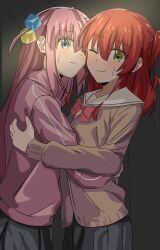  2girls absurdres blue_eyes blush bocchi_the_rock! brown_shirt closed_mouth cube_hair_ornament gotoh_hitori green_eyes grey_skirt hair_ornament highres hug jacket kita_ikuyo long_hair multiple_girls one_eye_closed one_side_up pink_hair pink_jacket pleated_skirt ryoo_0526 shirt skirt sweatdrop track_jacket yuri 