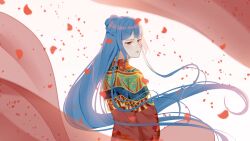  1girl blue_hair braid capelet center-flap_bangs chinese_clothes chinese_commentary chinese_wedding closed_mouth commentary_request falling_petals frown green_capelet hair_bun half_up_braid hanfu head_chain highres hongmao_and_lantu humanization jewelry kirina_zero lantu_(hongmao_and_lantu) long_hair long_sleeves looking_to_the_side petals pink_lips red_eyes red_hanfu red_petals red_robe red_veil robe simple_background single_hair_bun solo tassel unworn_veil upper_body veil very_long_hair white_background 