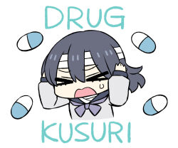 >_< 1girl bandaged_head bandages chan_co chibi closed_eyes commentary_request grey_hair hands_on_own_head juusan_kihei_bouei_ken medicine medium_hair open_mouth pill school_uniform serafuku shinonome_ryouko_(juusan_kihei_bouei_ken) sketch solo 