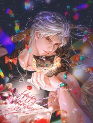  1boy absurdres aegyo_sal animal_on_shoulder artist_name bite_mark black_shirt bow cat cat_on_shoulder chain chain_necklace chinese_commentary closed_mouth collarbone commentary_request compression_shirt confetti crew_neck food fruit green_eyes happy_birthday highres holding holding_food holding_fruit jewelry looking_at_viewer love_and_deepspace male_focus necklace nose parted_bangs red_hair shirt short_hair streamers sylus_(love_and_deepspace) tail tail_bow tail_ornament tianefan upper_body veins veiny_arms white_hair 