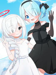  2girls :d absurdres alternate_costume alternate_hairstyle arona_(blue_archive) black_dress black_eyes black_gloves black_hairband blue_archive blue_eyes blue_hair blue_halo blue_sky blush braid clouds cloudy_sky collarbone colored_inner_hair commentary_request cowboy_shot dress dutch_angle elbow_gloves feet_out_of_frame finger_counting gloves hair_bun hair_over_one_eye hairband halo highres long_hair looking_at_viewer medium_hair multicolored_hair multiple_girls open_mouth petako_(ptpt_k) pink_hair plana_(blue_archive) red_halo red_pupils sidelocks single_braid sky smile sparkle very_long_hair white_dress white_gloves white_hair white_hairband 