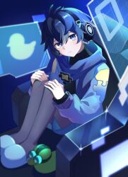  1boy absurdres antenna_hair blue_background blue_eyes blue_hair blue_scarf blurry chair closed_mouth commentary curly_hair depth_of_field full_body glint gradient_hair hair_between_eyes hands_on_own_knees head_tilt highres hologram honkai:_star_rail honkai_(series) indoors ire030 jacket knees_up light_blush long_sleeves looking_at_viewer looking_to_the_side multicolored_hair on_chair scarf shorts shota shy sitting slippers solo stephen_lloyd_(honkai:_star_rail) untranslatable_commentary 