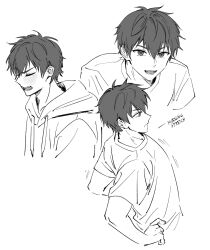  1boy ace_of_diamond blush closed_eyes closed_mouth commentary cropped_torso drawstring english_text highres hood hood_down hoodie male_focus multiple_views rilaksu012 sawamura_eijun short_hair simple_background white_background 