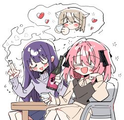  3girls animal_ears black_ribbon black_vest blush bottle brown_shirt brown_skirt cat_ears chair choko_(cup) cigarette closed_eyes commentary cup drink grey_hair gujou_kanade hair_ribbon heart highres holding holding_bottle holding_cigarette kamiina_botan kamiina_botan_yoeru_sugata_wa_yuri_no_hana kemonomimi_mode long_hair multiple_girls open_mouth purple_hair purple_sweater ribbon sake_bottle shirt simple_background sitting skirt smile smoke speech_bubble sweat sweater table tonami_ibuki turtleneck turtleneck_sweater two_side_up untranslatable_commentary vest white_background zhanzhangzlw 