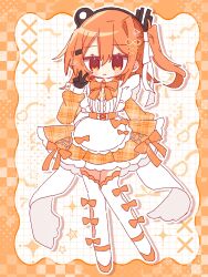 1girl a.i._voice adachi_rei alternate_costume apron black_gloves border commentary dress enmaided full_body ganbaritaina_07 gloves grid_background hand_up highres long_sleeves looking_at_viewer maid one_side_up orange_border orange_dress orange_eyes orange_hair short_dress solo standing thigh-highs utau w white_apron white_thighhighs 