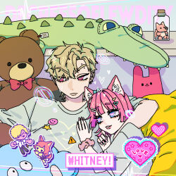  1boy 1girl animal_ears blonde_hair blue_bow blue_eyes bow bowtie commentary_request copyright_name degrees_of_lewdity earrings eyebrow_piercing face_piercing glass_jar grey_shirt hair_bow hair_ornament hairclip hand_on_another's_chest heart heart-shaped_pupils highres huoxi377 jewelry piercing pink_hair pink_nails player_character_(degrees_of_lewdity) player_character_(female)_(degrees_of_lewdity) red_bow red_bowtie scrunchie shirt stuffed_animal stuffed_crocodile stuffed_fox stuffed_toy symbol-shaped_pupils tail teddy_bear whitney_(degrees_of_lewdity) whitney_(male)_(degrees_of_lewdity) wrist_scrunchie 