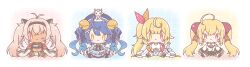  4girls :3 ;3 absurdres ahoge amamiya_kokoro amamiya_kokoro_(1st_costume) animal animal_on_head antenna_hair bell beret black_hairband black_skirt blonde_hair blue_bow blue_hair blue_hat blue_jacket blue_shorts blue_skirt blue_socks bow breasts brown_hair chibi closed_mouth colored_shadow dark-skinned_female dark_skin frilled_skirt frills goat hair_bell hair_bow hair_ornament hairband hairclip hat heterochromia highres hoshikawa_sara hoshikawa_sara_(1st_costume) jacket jingle_bell juliet_sleeves large_breasts long_hair long_sleeves matsukai_mao matsukai_mao_(1st_costume) mitarashi_neko multiple_girls navel nijisanji off_shoulder on_head one_eye_closed open_clothes open_jacket pantyhose pink_eyes puffy_long_sleeves puffy_sleeves purple_bow red_eyes shadow shorts side_ponytail sitting skirt sleeves_past_fingers sleeves_past_wrists socks striped_clothes striped_thighhighs takamiya_rion takamiya_rion_(1st_costume) tank_top thigh-highs twintails two_side_up very_long_hair violet_eyes virtual_youtuber white_bow white_jacket white_pantyhose white_shorts white_tank_top x_hair_ornament yellow_eyes 