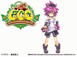  1girl artist_name bike_shorts black_choker black_shoes black_sleeves blue_eyes brass_knuckles choker company_name copyright_logo copyright_notice emil_chronicle_online hair_over_one_eye jewelry logo necklace off-shoulder_shirt off_shoulder official_art purple_hair shiina_yuuto shirt shoes solo spiky_hair urchin_alma weapon white_background white_shirt 