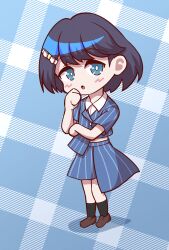  1girl absurdres azabu_mai black_hair black_socks blue_eyes blue_jacket blue_skirt brown_shoes highres himitsumichi_(love_live!) ikizulive!_love_live!_bluebird jacket loafers love_live! shirt shoes sivematsu skirt socks solo what_is_my_life?_(love_live!) white_shirt 