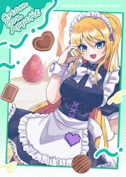  1girl :d absurdres alternate_costume alternate_hairstyle apron black_corset black_shirt black_skirt black_thighhighs blonde_hair blush border bow bowtie breasts candy chocolate collared_shirt comiket_105 commentary_request cookie copyright_name corset cover cover_page cowboy_shot doujin_cover dutch_angle english_text enmaided eyelashes food frilled_apron frilled_skirt frills fruit green_eyes grey_border hair_between_eyes hair_ribbon hand_up happy heart heart-shaped_chocolate heart-shaped_food heart_hands heaven_burns_red highres large_breasts long_hair looking_at_viewer maid maid_apron maid_headdress open_mouth outside_border pixel_heart ponytail puffy_short_sleeves puffy_sleeves purple_ribbon ribbon shirt short_sleeves sidelocks simple_background siromochino skirt smile solo strawberry thigh-highs toujou_tsukasa very_long_hair white_apron white_background white_bow white_bowtie white_wrist_cuffs wrist_cuffs 