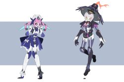  2girls :d arms_at_sides black_sclera blush clenched_hands colored_sclera commentary cross-shaped_pupils deevious_deevi english_commentary fist_pump floating floating_hat full_body hat highres hologram hololive joints looking_at_viewer mechanical_hair mechanical_skirt mechanization metal_skin minato_aqua minato_aqua_(1st_costume) multiple_girls murasaki_shion murasaki_shion_(1st_costume) no_mouth open_hands open_mouth orange_eyes pink_eyes robot_girl robot_joints shadow simple_background smile standing symbol-shaped_pupils virtual_youtuber witch_hat 