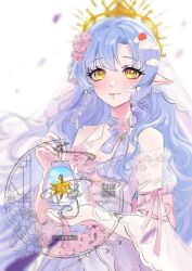  1girl bare_shoulders blue_hair blue_ribbon blush choker dress earrings falling_leaves flower gold_tiara hair_flower hair_ornament highres holding holding_lantern jewelry lantern leaf light_smile long_hair looking_at_viewer off-shoulder_dress off_shoulder original parted_bangs pink_flower pink_ribbon pointy_ears ribbon ribbon_choker simple_background solo sparrow_ame tiara veil watermark white_background white_dress yellow_eyes 