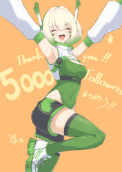  1girl :d absurdres armpits arms_up black_shorts blonde_hair blush breasts closed_mouth commentary_request detached_sleeves foot_out_of_frame green_hair green_leotard green_shoes green_shorts green_sleeves green_streaks green_thighhighs hair_between_eyes highres large_breasts leg_up leotard medium_hair multicolored_hair multicolored_shoes multicolored_shorts multicolored_sleeves negidesu1105 open_mouth orange_background original shoes short_shorts shorts simple_background smile sneakers solo streaked_hair thigh-highs translation_request two-tone_hair two-tone_shoes two-tone_shorts two-tone_sleeves white_shoes white_sleeves 