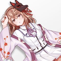  1girl blush braid brown_hair collared_shirt colored_eyelashes commentary_request cowboy_shot crown_braid dutch_angle floral_print floral_print_kimono fox_mask hair_between_eyes hair_spread_out hand_up heaven_burns_red japanese_clothes kimono kiryuu_miya long_hair looking_at_viewer lying mask mask_on_head miniskirt mole mole_under_eye neck_ribbon on_back open_clothes open_kimono parted_lips pink_kimono pleated_skirt print_kimono purple_ribbon red_eyes ribbon shadow shirt simple_background siromochino skirt solo tsurime white_background white_kimono white_shirt white_skirt 