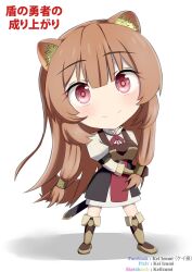  1girl animal_ear_fluff animal_ears arm_strap armor black_dress blunt_bangs boots breastplate brown_armor brown_boots brown_gloves brown_hair chibi chibi_only closed_mouth collared_dress commentary copyright_name dress elbow_gloves facebook_username gloves high_collar highres kei_izumi layered_dress leather leather_armor leather_boots leather_gloves long_hair long_sleeves looking_at_viewer neck_ribbon pinstripe_dress pinstripe_pattern pixiv_username raccoon_ears raccoon_girl raccoon_tail raphtalia red_dress red_eyes red_ribbon ribbon short_dress simple_background sketchmob_username sleeveless sleeveless_dress smile solo split_mouth tail tate_no_yuusha_no_nariagari thigh_boots translation_request two-tone_dress white_background white_dress zettai_ryouiki 