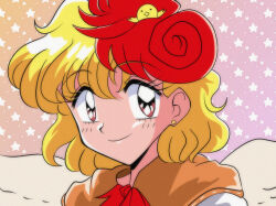  1990s_(style) 1girl animal_on_head baby_animal bird bird_on_head bird_wings blonde_hair chick closed_mouth commentary earrings faux_retro_artstyle feathered_wings gradient_background hair_between_eyes highres jewelry looking_at_viewer medium_hair miwijag1997 multicolored_hair neckerchief niwatari_kutaka on_head orange_background pink_background red_eyes red_hair red_neckerchief retro_artstyle shirt single_earring smile solo star_(symbol) star_symbol_background touhou two-tone_hair white_shirt wings 