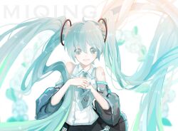  1girl absurdly_long_hair aqua_eyes aqua_hair aqua_nails aqua_necktie artist_name bare_shoulders black_skirt black_sleeves collared_shirt commentary cowboy_shot detached_sleeves dot_nose eyelashes floating_hair hair_between_eyes hair_ornament happy hatsune_miku highres lace-trimmed_skirt lace_trim long_hair long_sleeves looking_at_viewer miku_day miniskirt miqing nail_polish necktie number_tattoo open_mouth own_hands_together petals pleated_skirt shirt shoulder_tattoo skirt sleeveless sleeveless_shirt smile solo standing straight-on tareme tattoo tie_clip twintails twintails_with_braided_base untranslatable_commentary very_long_hair vocaloid white_background white_shirt wide_sleeves 
