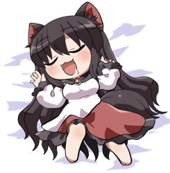 1girl :3 :d animal_ear_fluff animal_ears barefoot black_hair blush breasts brooch chibi chibi_only closed_eyes commentary_request dot_nose dress drooling frilled_dress frilled_sleeves frills full_body hair_between_eyes imaizumi_kagerou jewelry long_hair long_sleeves lying on_back on_bed open_mouth red_dress rokugou_daisuke signature sleeping smile solo tail touhou two-tone_dress very_long_hair white_dress wolf_ears wolf_girl wolf_tail 