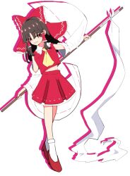  1girl ascot black_hair bone_vone bow commentary_request crossed_legs detached_sleeves film_grain frilled_bow frilled_hair_tubes frilled_shirt_collar frills grin hair_bow hair_tubes hakurei_reimu highres holding long_hair midriff navel red_bow red_eyes red_shirt red_shoes red_skirt shadow shirt shoes sidelocks skirt skirt_set smile socks solo standing touhou weapon_request white_background white_socks wide_sleeves yellow_ascot 