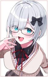  1girl absurdres adjusting_eyewear black-framed_eyewear black_bow black_shirt blue_eyes blunt_bangs blush border bow breasts brown_sweater collared_shirt glasses grey_hair grey_skirt hair_bow hayate-rindou highres kaga_sumire kaga_sumire_(9th_costume) long_sleeves looking_at_viewer medium_breasts mole mole_under_eye neck_ribbon open_mouth pink_nails plaid_clothes plaid_skirt pleated_skirt red_ribbon ribbon school_uniform semi-rimless_eyewear shirt short_hair simple_background skirt smile solo sweater teeth upper_body upper_teeth_only virtual_youtuber vspo! white_background white_border 