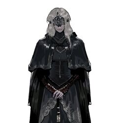  1girl 2025 black_dress black_robe blonde_hair closed_mouth covered_eyes dark_souls_(series) dark_souls_iii dress eye_mask fire_keeper fromsoftware gd1lv jewelry mask necklace robe simple_background solo white_background wristband 