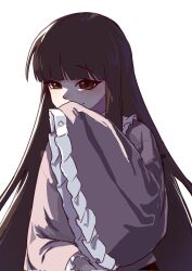  1girl black_hair brown_eyes commentary_request covering_own_mouth dress frilled_dress frilled_sleeves frills highres hime_cut houraisan_kaguya japanese_clothes korean_commentary light_blush long_hair long_sleeves lovelobten partially_shaded_face pink_dress smile touhou very_long_hair white_background wide_sleeves 