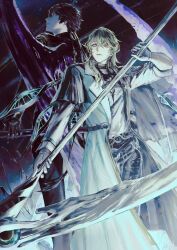  2boys black_hair black_jacket black_pants blonde_hair closed_mouth coat commentary_request gloves highres holding holding_scythe holding_weapon jacket luuk_herssen_(wuthering_waves) male_focus male_rover_(wuthering_waves) multiple_boys orange_eyes pants rover_(wuthering_waves) scythe shirt single_wing sleeve_rolled_up weapon white_coat white_gloves white_shirt wings wuthering_waves yoshi_(houndbell) 