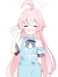  1girl :d absurdres ahoge angel's_24_uniform_(blue_archive) apron bikini blue_apron blue_archive blue_bow blue_bowtie blush bow bowtie closed_eyes commentary_request contrast_collar cowboy_shot crossed_bangs fang hair_between_eyes hair_flaps halo highres hoshino_(blue_archive) huge_ahoge id_card long_hair open_mouth petako_(ptpt_k) pink_hair pink_halo print_bikini shirt short_sleeves sidelocks signature simple_background smile solo swimsuit twitter_username very_long_hair watermark waving white_background white_shirt 